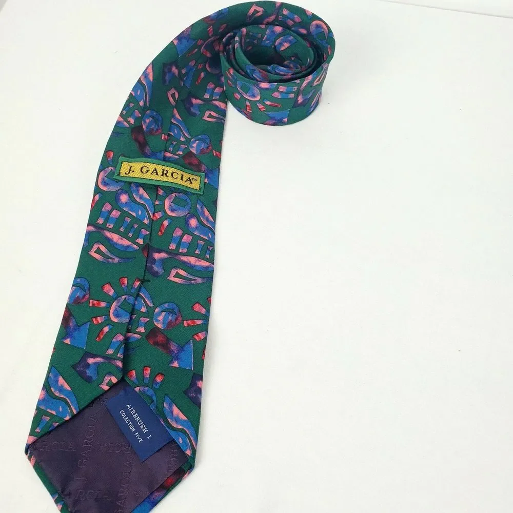 J Garcia‎ Men's Green Blue Abstract Silk Airbrush Necktie